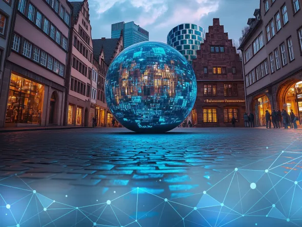 Ein großer blauer Ball in einer Stadt Ein großer blauer Ball in einer Stadt