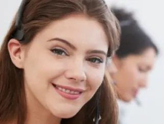 a close-up of a woman wearing a headset