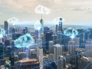 a city with blue lines and clouds