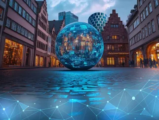 Ein großer blauer Ball in einer Stadt