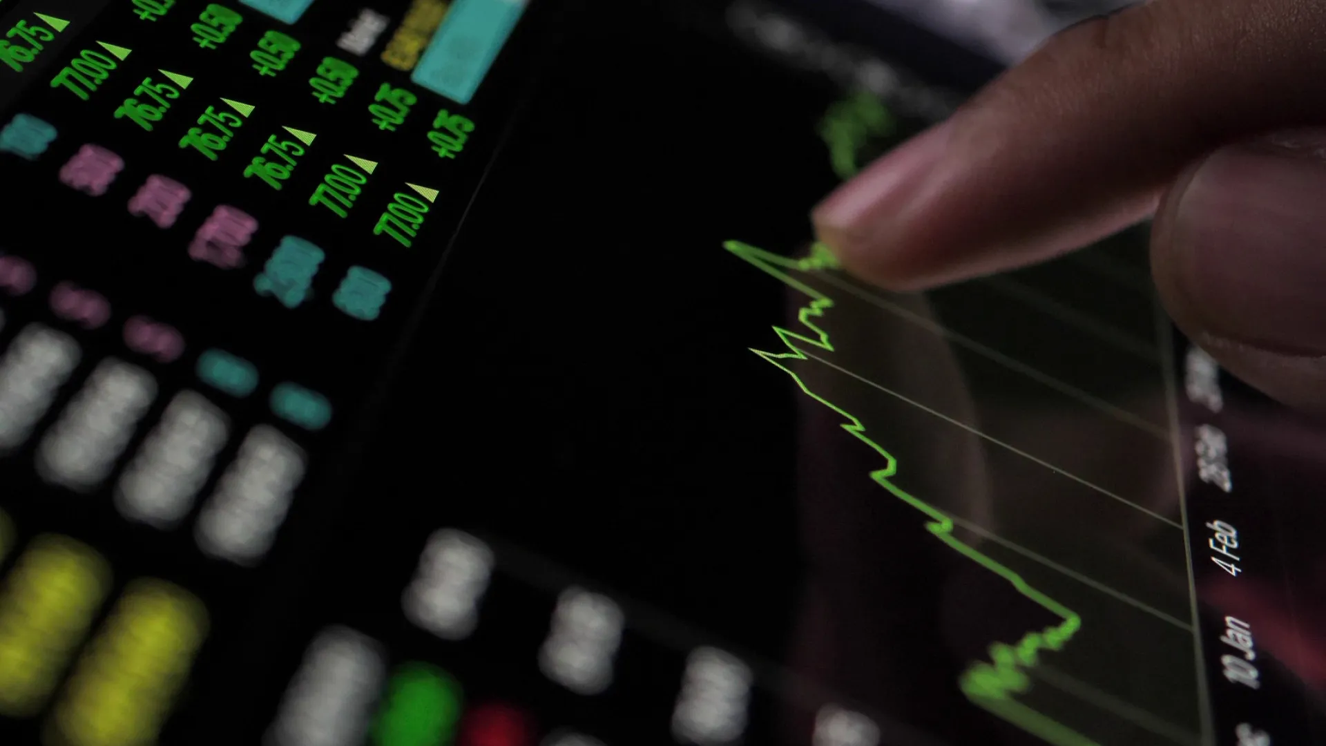 a finger pointing at a graph on a screen
